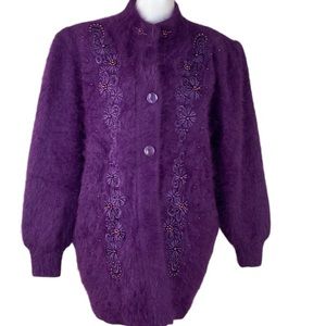 Lee Sands Angora Rabbit Mohair Beaded Button Down Cardigan Free Size